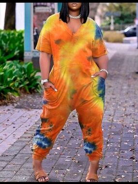 Tie-Dye Orange V-Neck Jumpsuit with Pockets